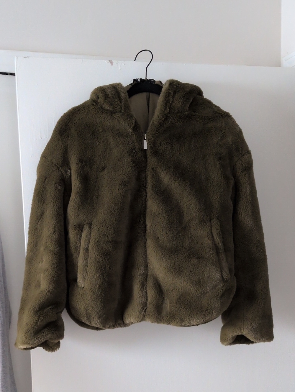 Zara Plush Hooded Faux-Fur Jacket in Olive Green